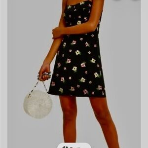 INTERMIX Silk side zip Black Mini Dress with Floral Pattern